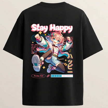 Energy Girl Anime French Terry Oversized 5-Sleeve T-Shirt  - Midnight Black