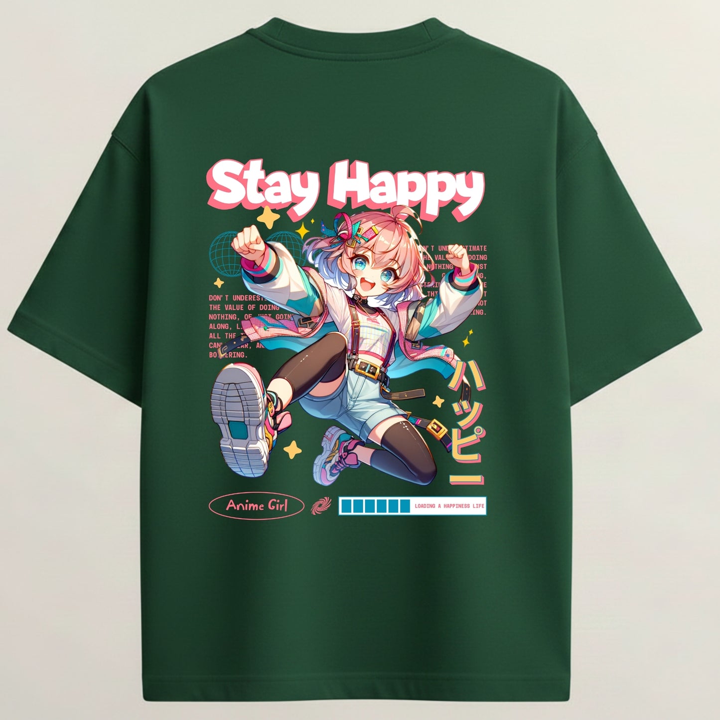 Energetic Girl Anime French Terry Oversized 5-Sleeve T-Shirt  - Bottle Green