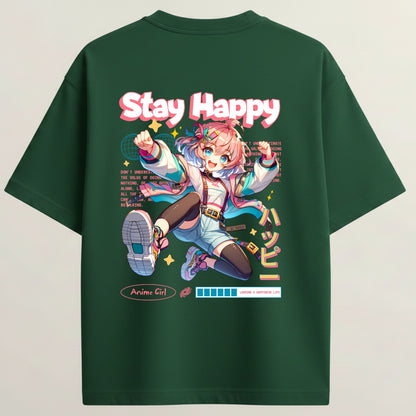 Energetic Girl Anime French Terry Oversized 5-Sleeve T-Shirt  - Bottle Green
