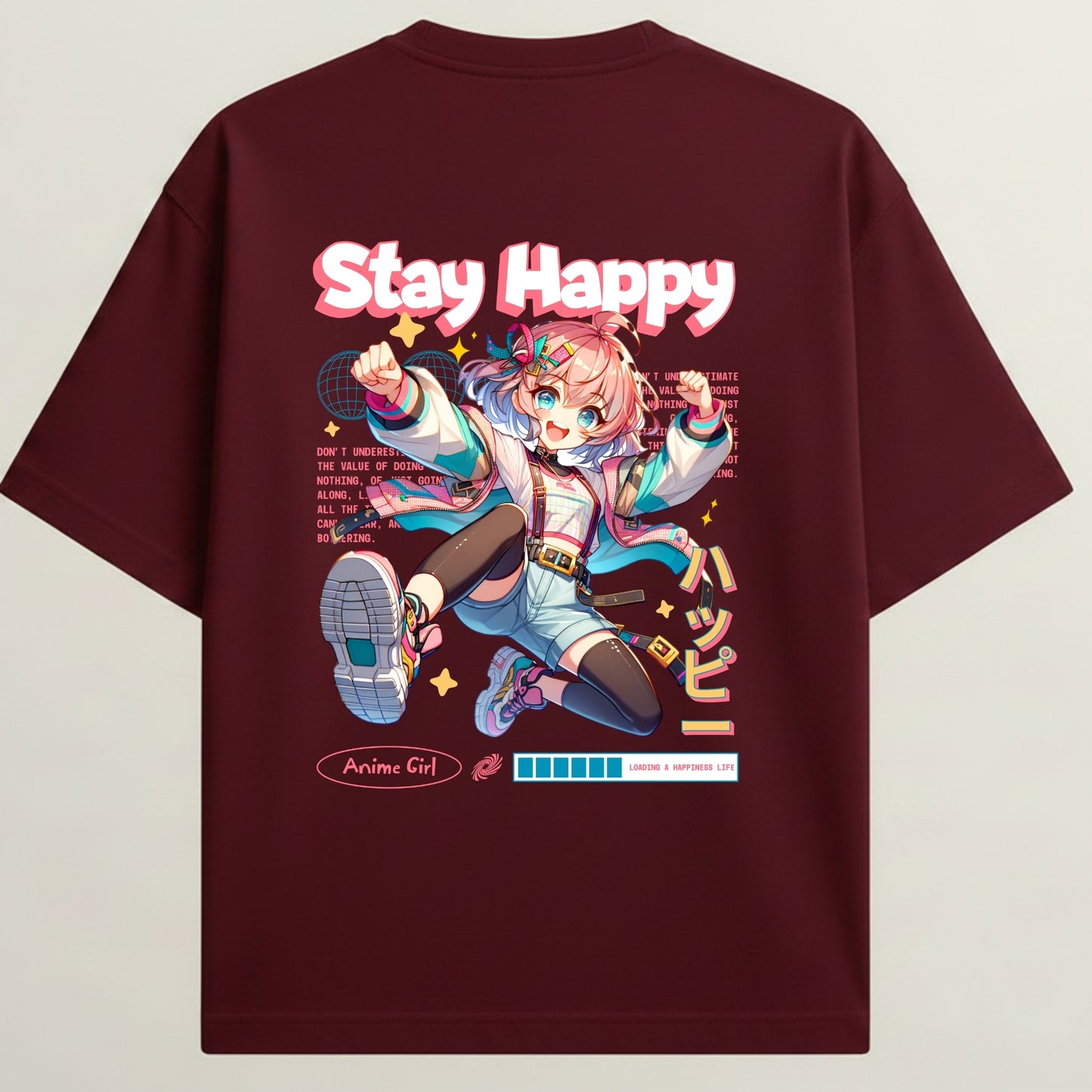 Energetic Girl Anime French Terry Oversized 5-Sleeve T-Shirt  - Royal Maroon