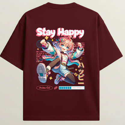 Energetic Girl Anime French Terry Oversized 5-Sleeve T-Shirt  - Royal Maroon