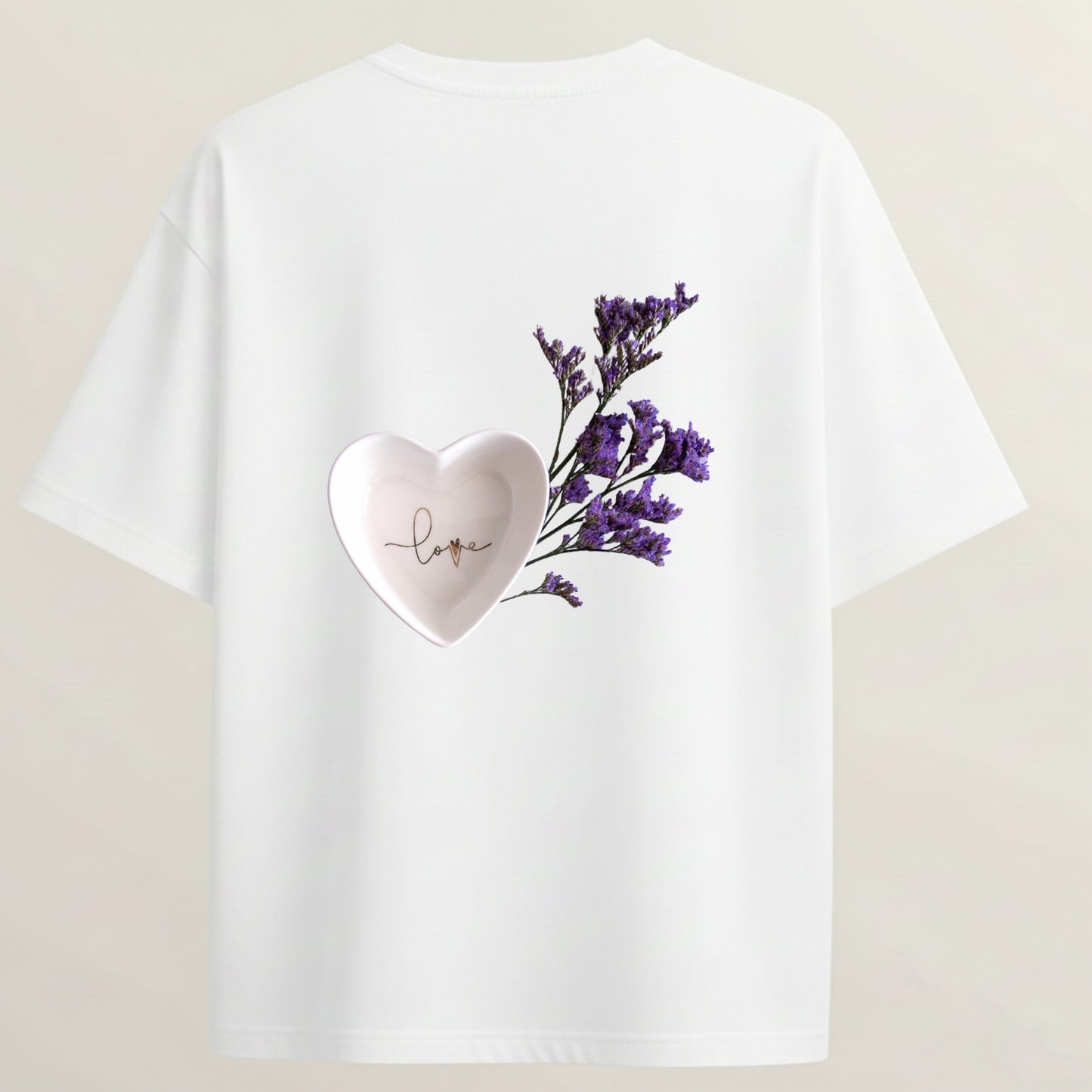 Purple Love Heart French Terry Oversized 5-Sleeve T-Shirt  - White