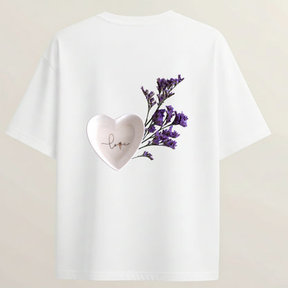 Purple Love Heart French Terry Oversized 5-Sleeve T-Shirt  - White