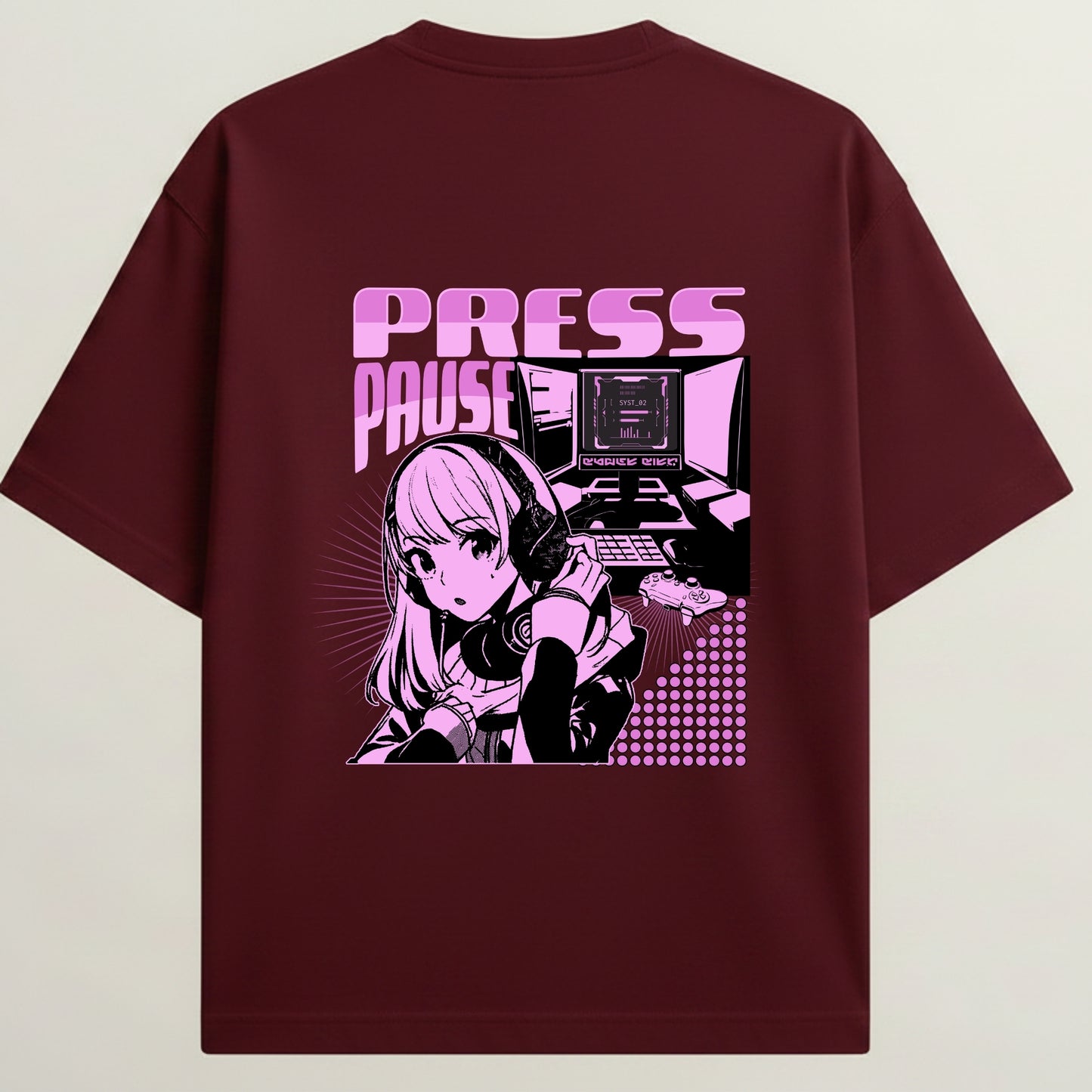 Gamer Girl French Terry Oversized 5-Sleeve T-Shirt  - Royal Maroon