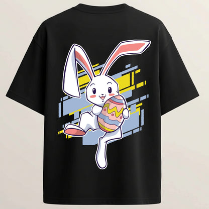 Cute Bunny Girl French Terry Oversized 5-Sleeve T-Shirt  - Midnight Black