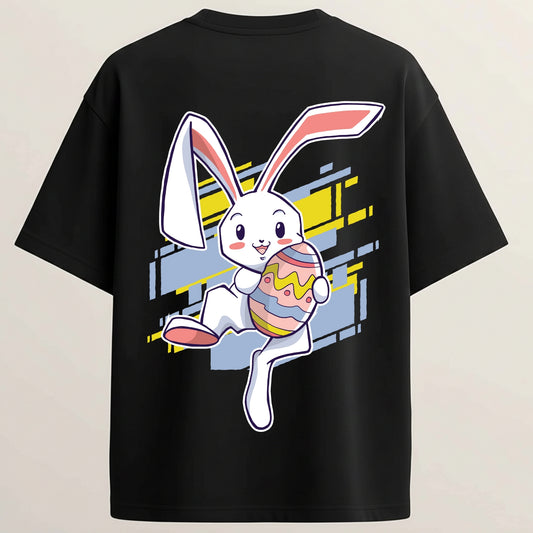 Cute Bunny Girl French Terry Oversized 5-Sleeve T-Shirt  - Midnight Black