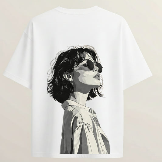 Bold Cute Girl French Terry Oversized 5-Sleeve T-Shirt  - White