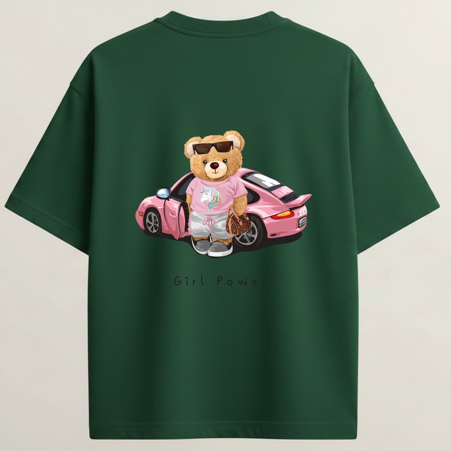 Girl Power French Terry Oversized 5-Sleeve T-Shirt  - Bottle Green