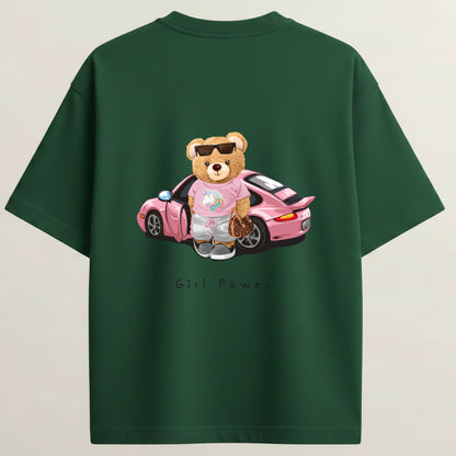 Girl Power French Terry Oversized 5-Sleeve T-Shirt  - Bottle Green