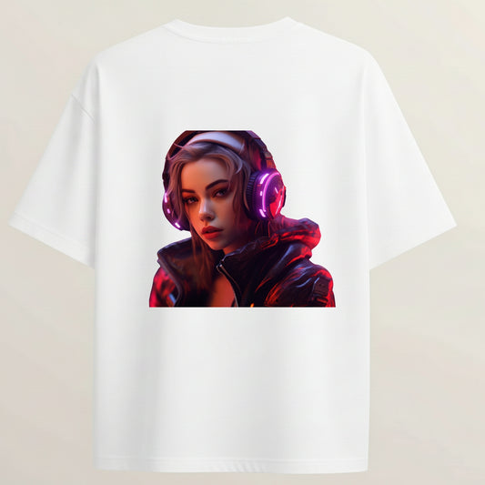 DJ Girl French Terry Oversized 5-Sleeve T-Shirt  - White
