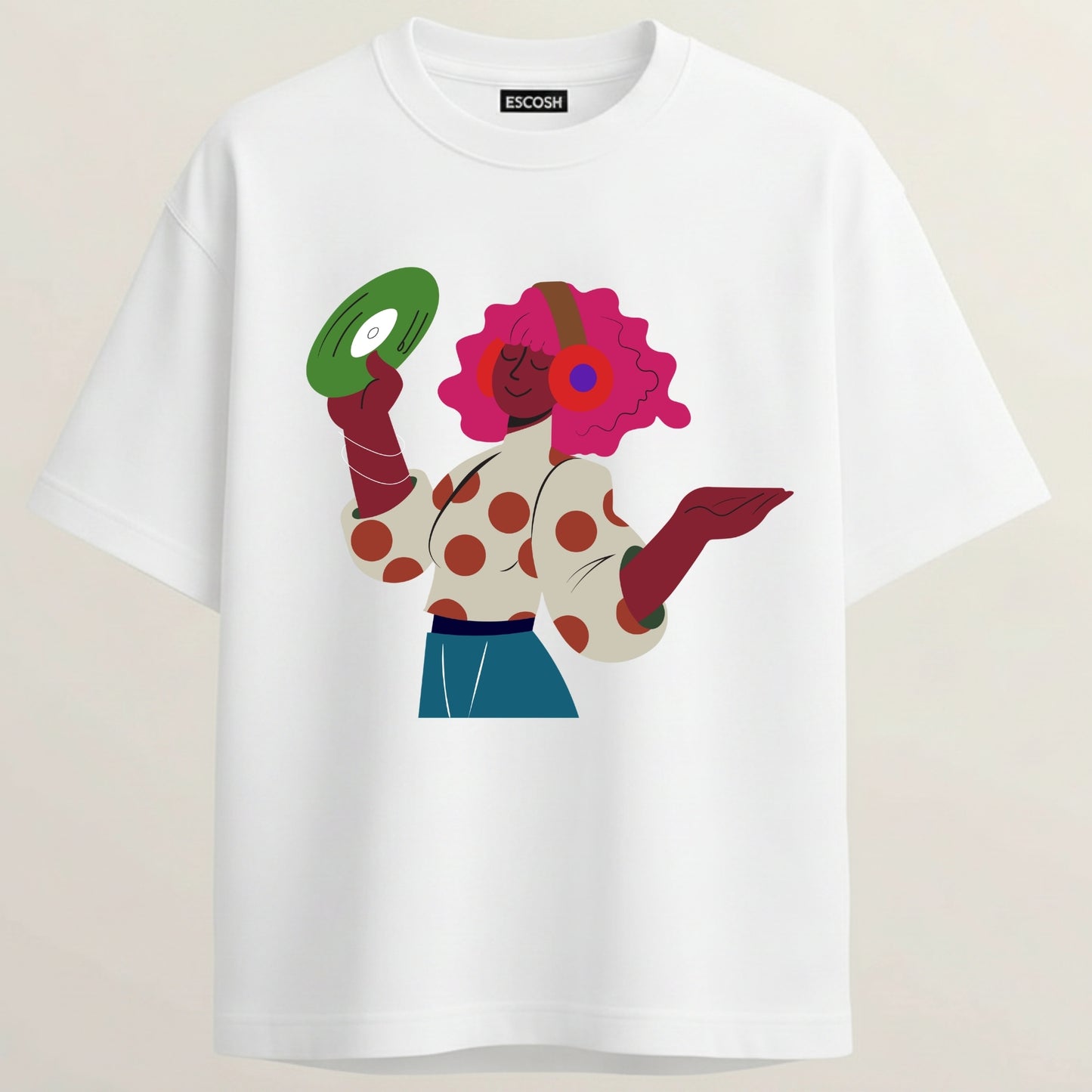 Headphone Girl French Terry Oversized 5-Sleeve T-Shirt  - White