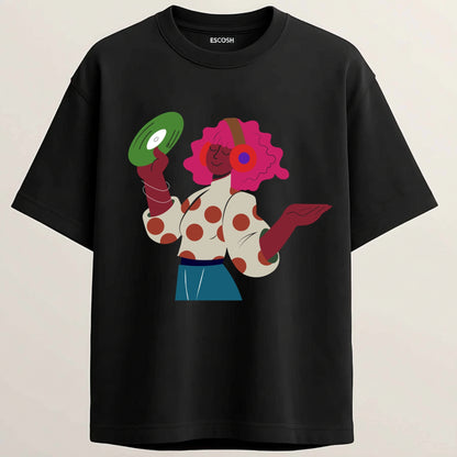 Headphone Girl French Terry Oversized 5-Sleeve T-Shirt  - Midnight Black