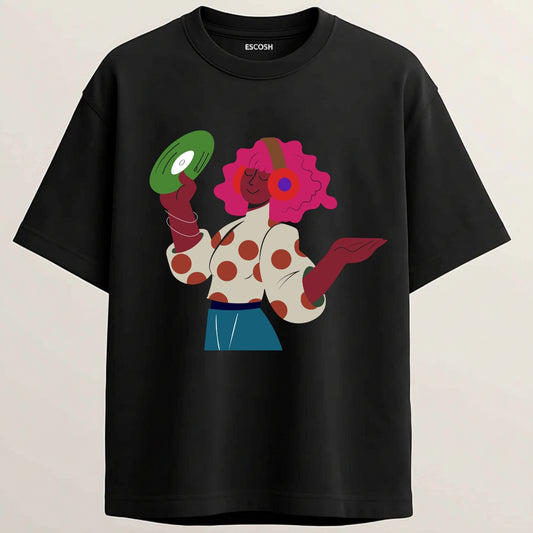 Headphone Girl French Terry Oversized 5-Sleeve T-Shirt  - Midnight Black