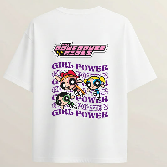 Powerpuff Girls French Terry Oversized 5-Sleeve T-Shirt  - White