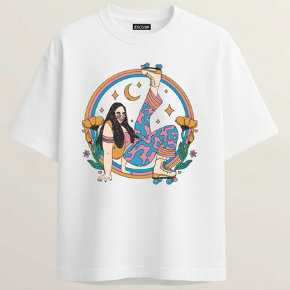 Roller Skate Girl French Terry Oversized 5-Sleeve T-Shirt  - White