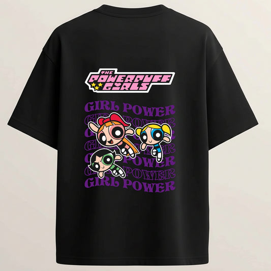 Powerpuff Girls French Terry Oversized 5-Sleeve T-Shirt  - Midnight Black