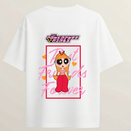 The Powerpuff Girl French Terry Oversized 5-Sleeve T-Shirt  - White