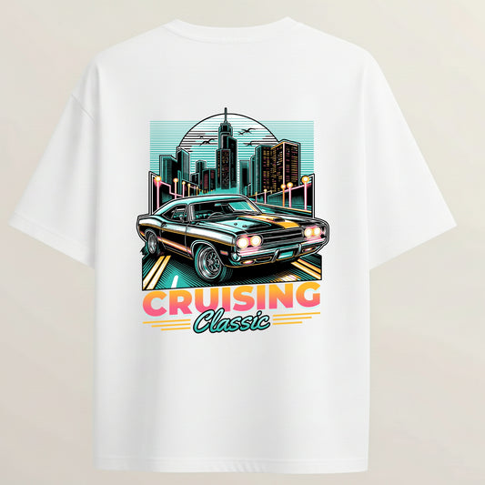 Retro Classic Car French Terry Oversized 5-Sleeve T-Shirt  - White