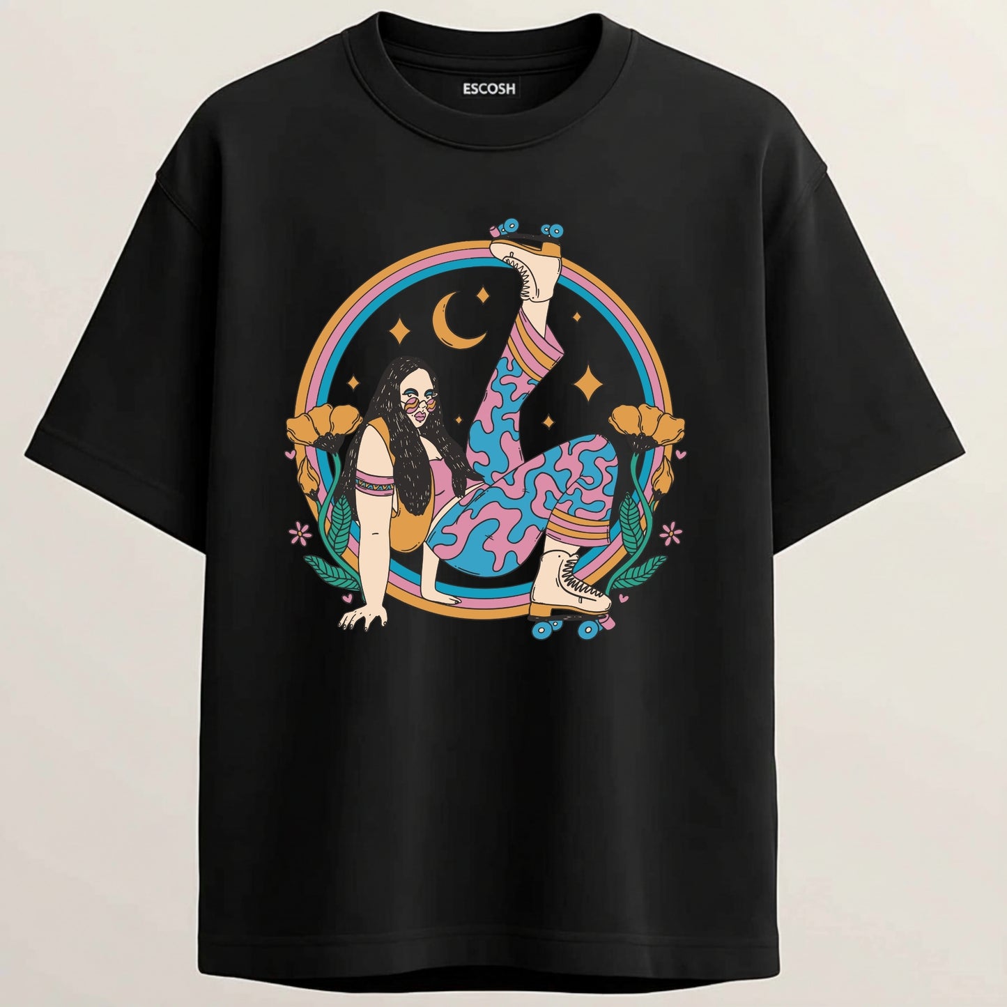 Roller Skate Girl French Terry Oversized 5-Sleeve T-Shirt  - Midnight Black