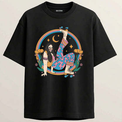 Roller Skate Girl French Terry Oversized 5-Sleeve T-Shirt  - Midnight Black