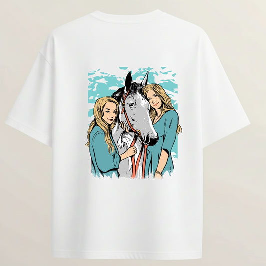 Horse Club French Terry Oversized 5-Sleeve T-Shirt  - White