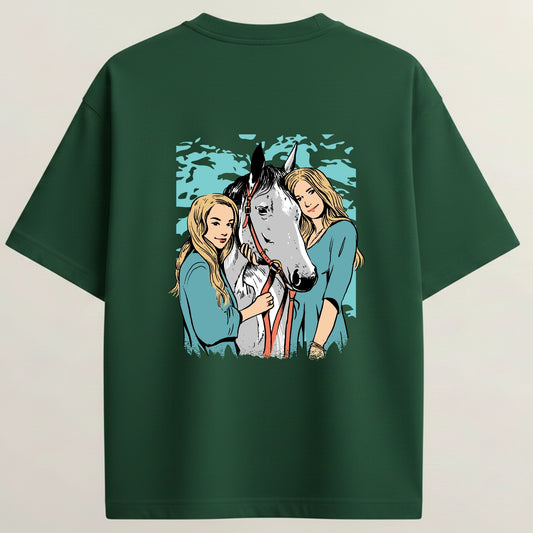 Horse Club French Terry Oversized 5-Sleeve T-Shirt  - Bottle Green