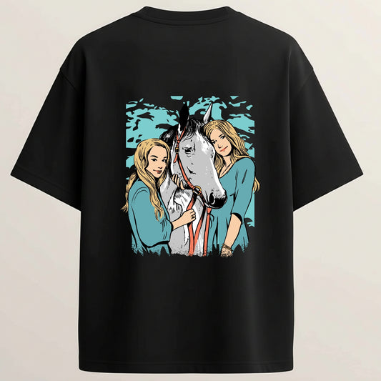 Horse Club French Terry Oversized 5-Sleeve T-Shirt  - Midnight Black