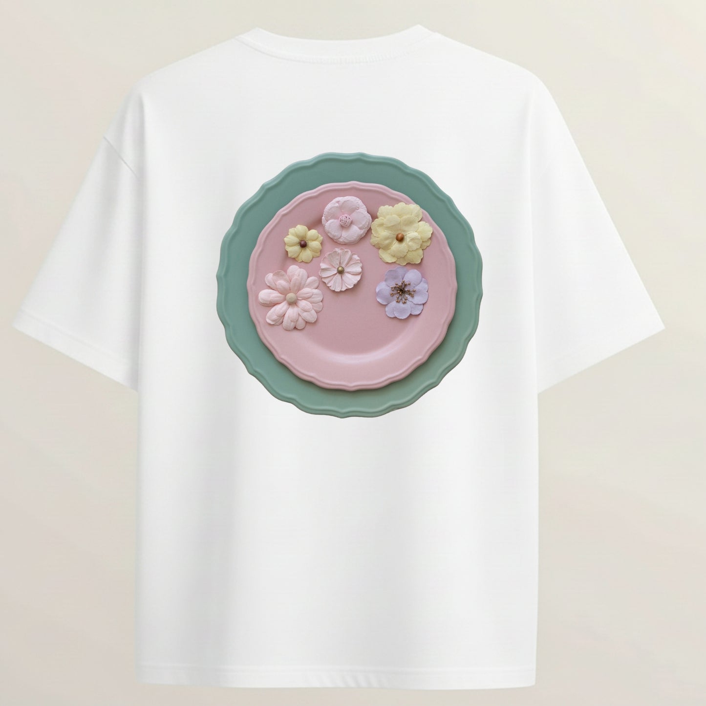 Petal Plate French Terry Oversized 5-Sleeve T-Shirt  - White