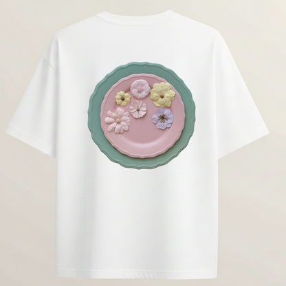 Petal Plate French Terry Oversized 5-Sleeve T-Shirt  - White