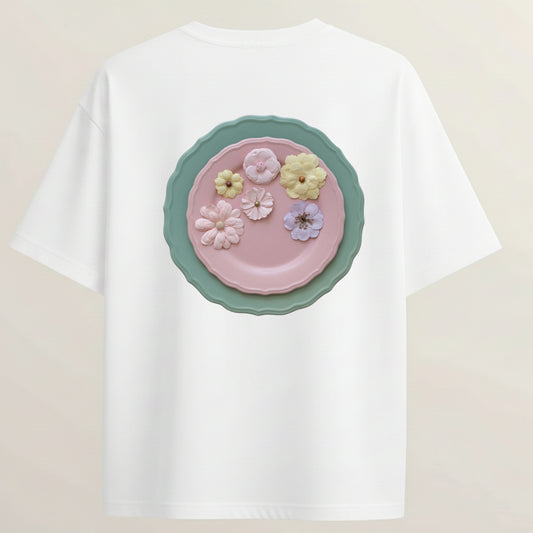 Petal Plate French Terry Oversized 5-Sleeve T-Shirt  - White