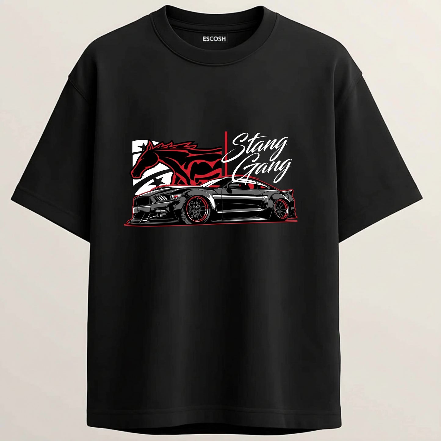 Mustang Stang Gang French Terry Oversized 5-Sleeve T-Shirt  - Midnight Black
