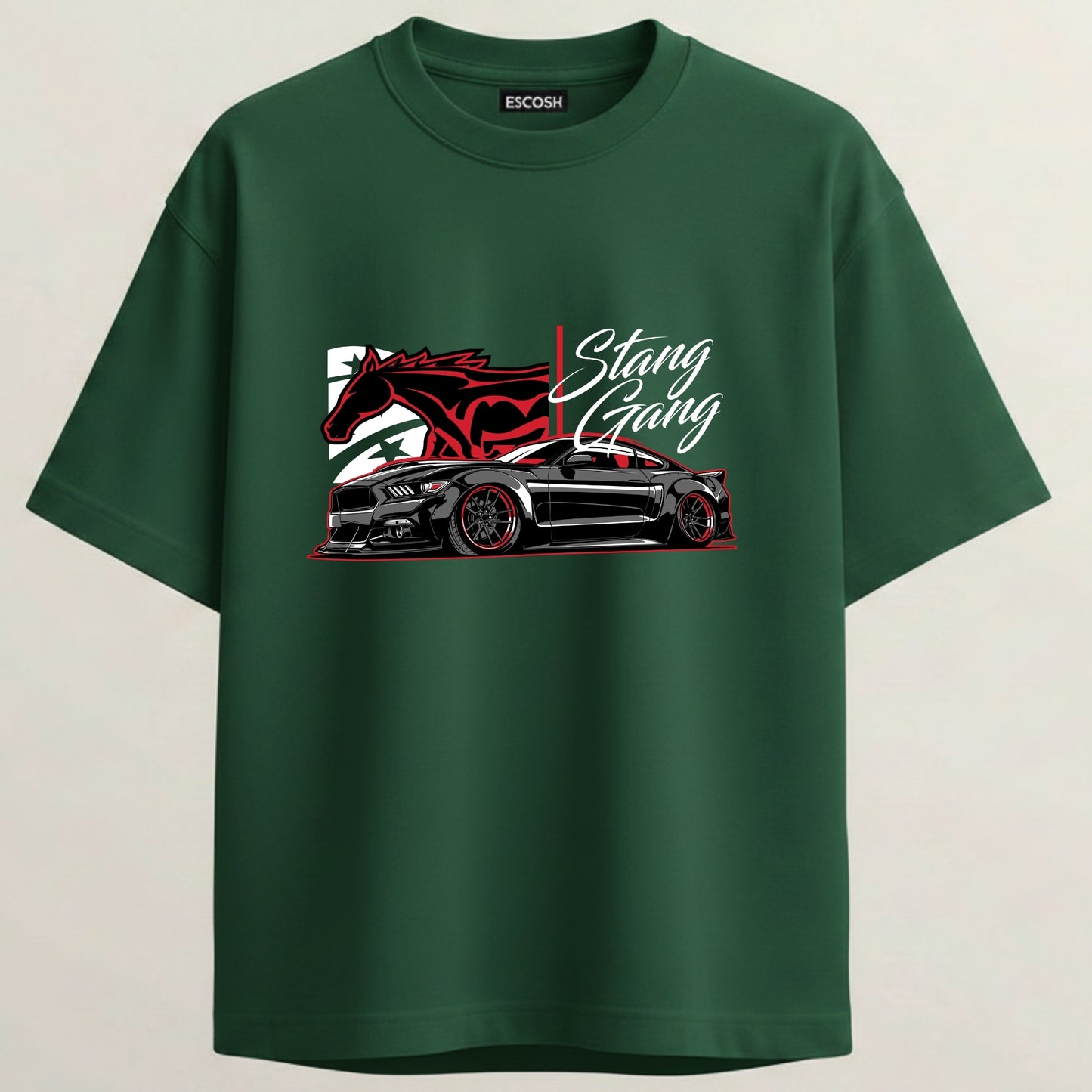 Mustang Stang Gang French Terry Oversized 5-Sleeve T-Shirt  - Bottle Green