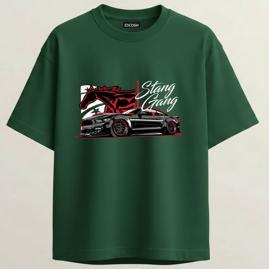 Mustang Stang Gang French Terry Oversized 5-Sleeve T-Shirt  - Bottle Green