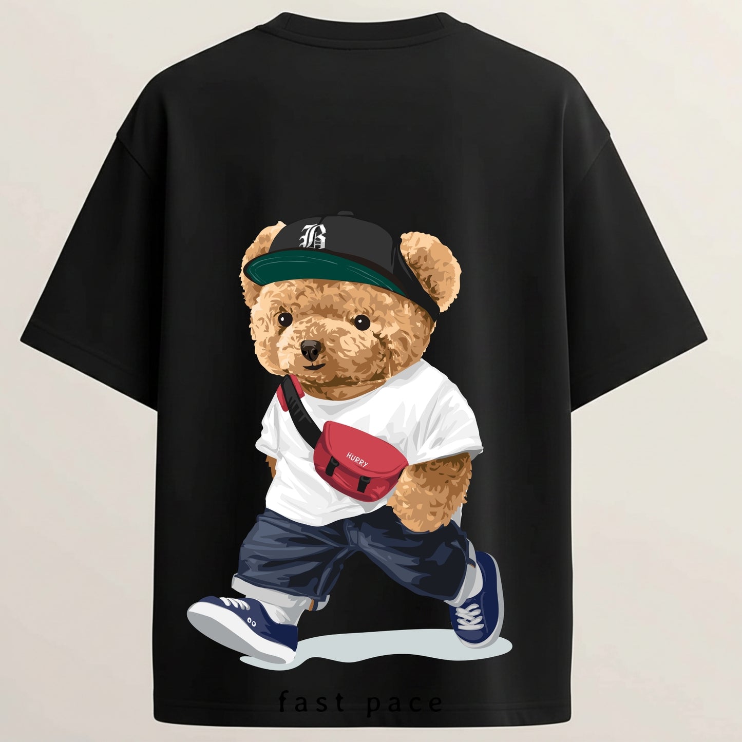 Fast Lane Teddy French Terry Oversized 5-Sleeve T-Shirt  - Midnight Black