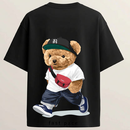 Fast Lane Teddy French Terry Oversized 5-Sleeve T-Shirt  - Midnight Black