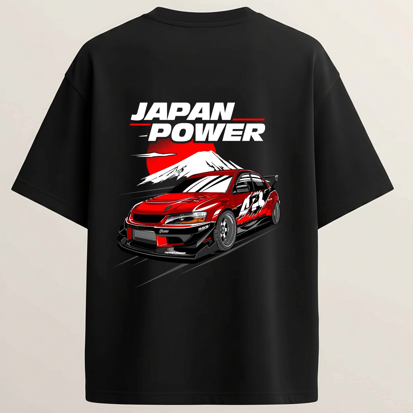 Japan Power  Lancer French Terry Oversized 5-Sleeve T-Shirt  - Midnight Black