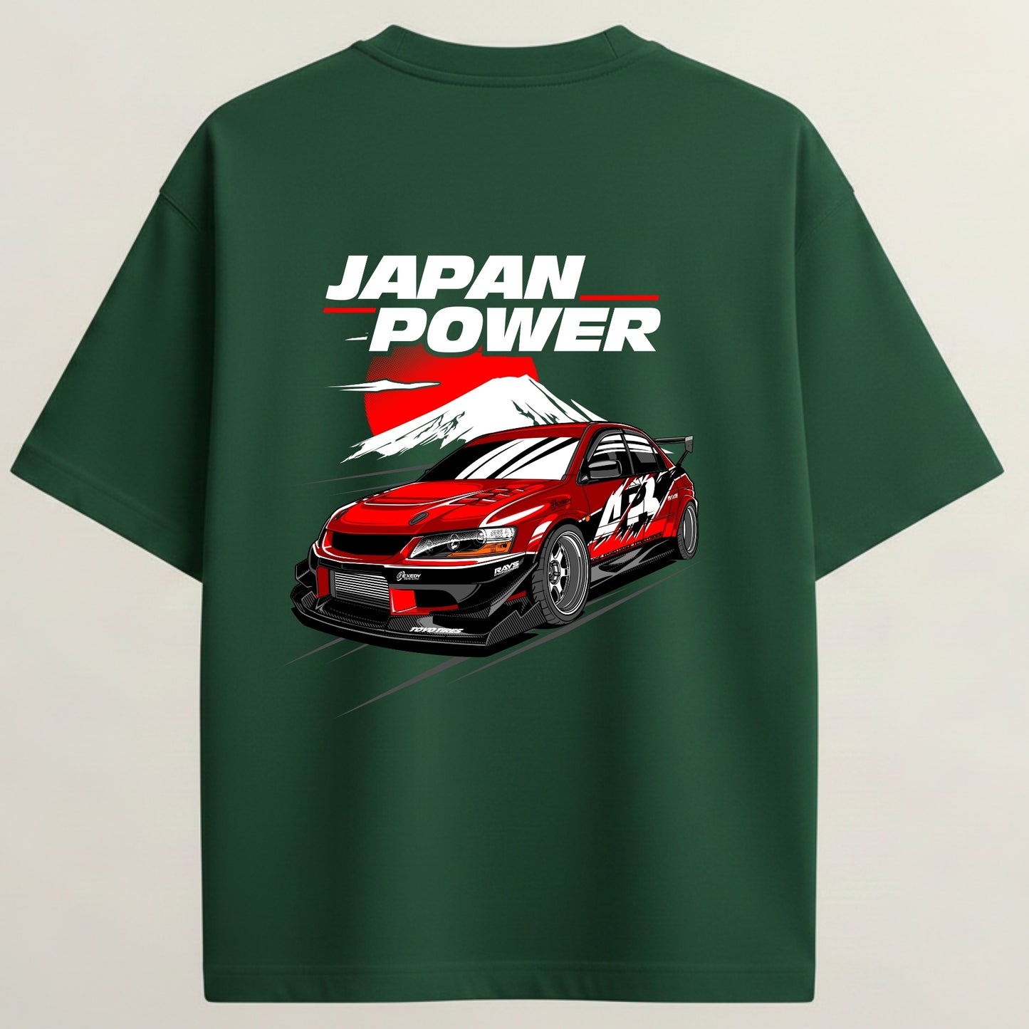 Japan Power  Lancer French Terry Oversized 5-Sleeve T-Shirt  - Bottle Green