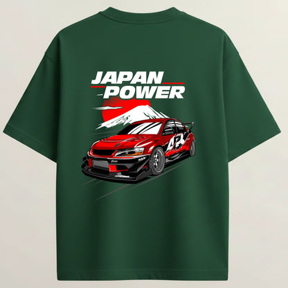 Japan Power  Lancer French Terry Oversized 5-Sleeve T-Shirt  - Bottle Green