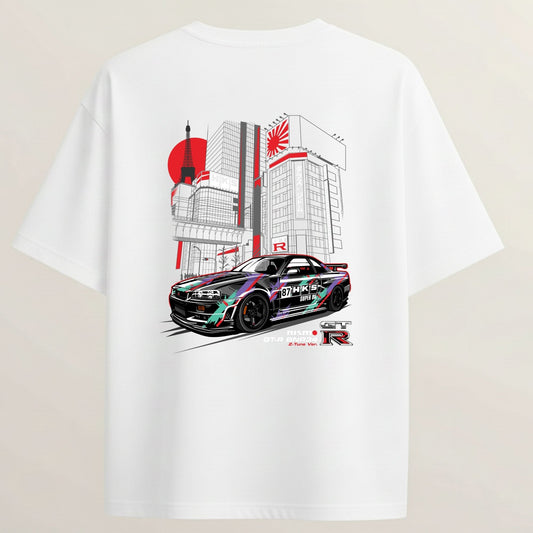 Nissan GTR French Terry Oversized 5-Sleeve T-Shirt - White