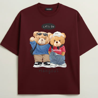Bearside Teddy French Terry Oversized 5-Sleeve T-Shirt  - Royal Maroon