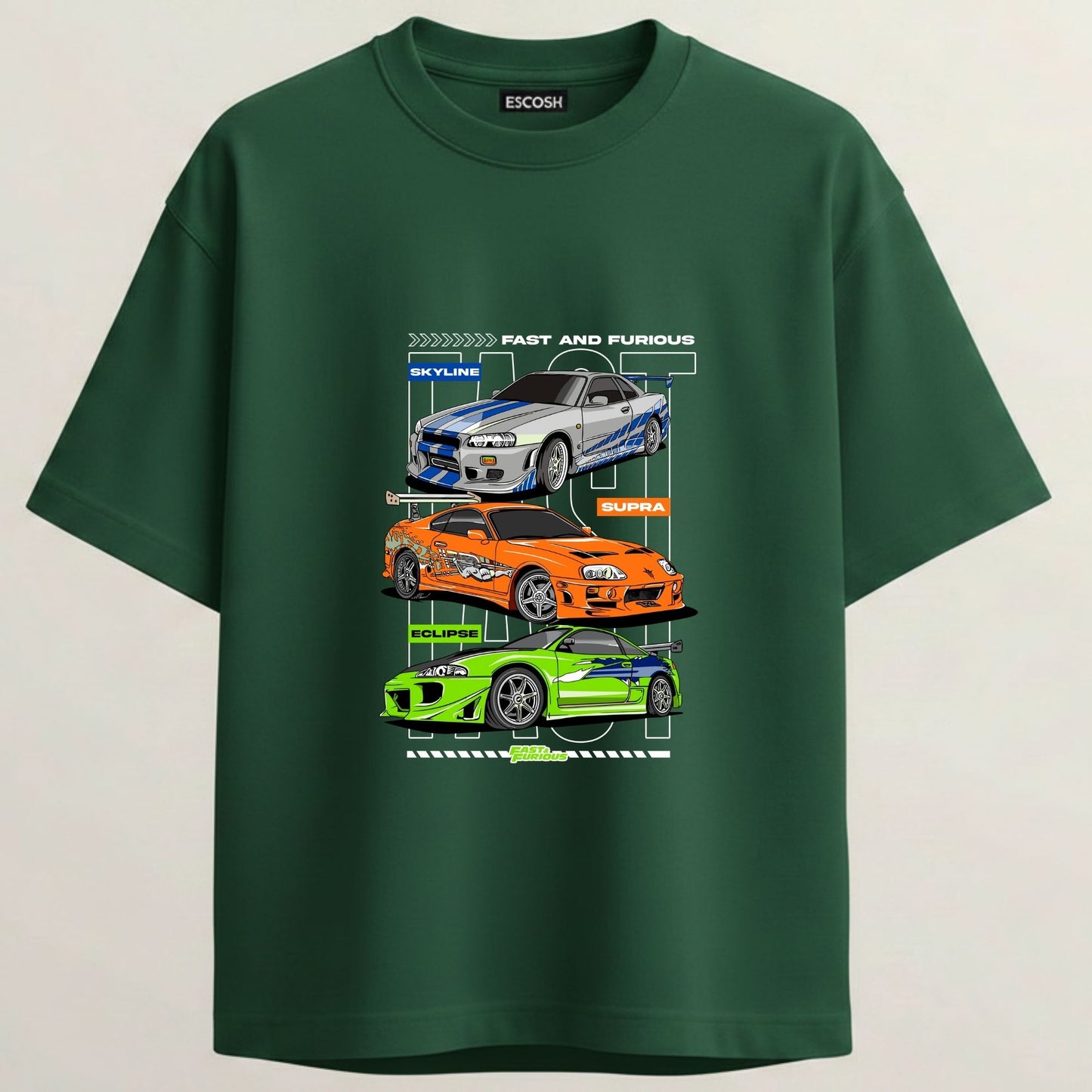Fast And Furious French Terry Oversized 5-Sleeve T-Shirt - Bottle Green