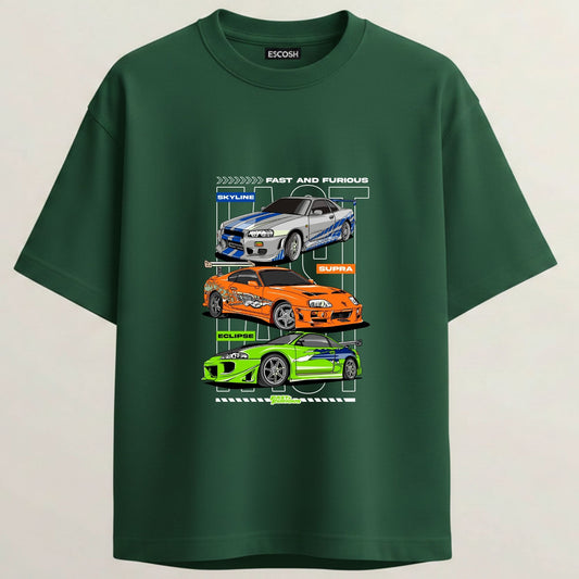 Fast And Furious French Terry Oversized 5-Sleeve T-Shirt - Bottle Green