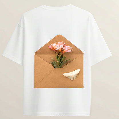 Love Petal Post French Terry Oversized 5-Sleeve T-Shirt  - White