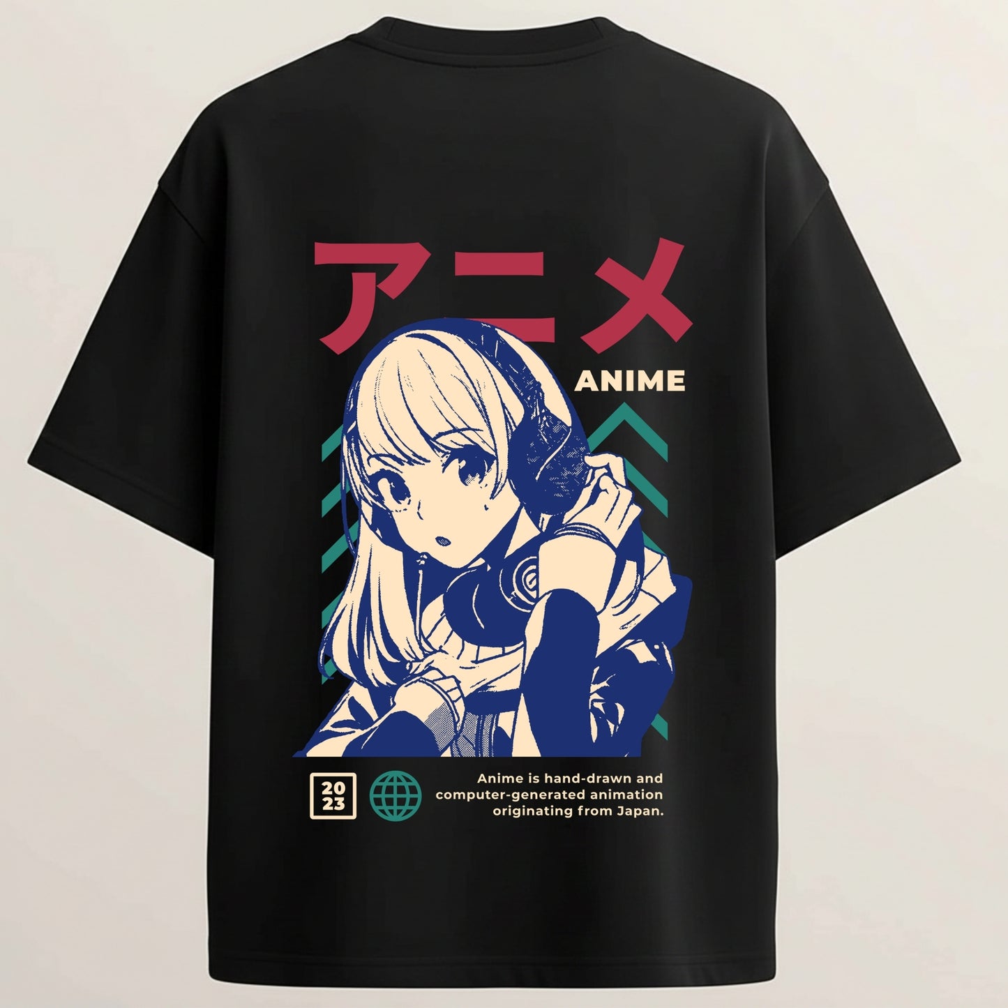Tokyo Muse Anime French Terry Oversized 5-Sleeve T-Shirt  - Midnight Black