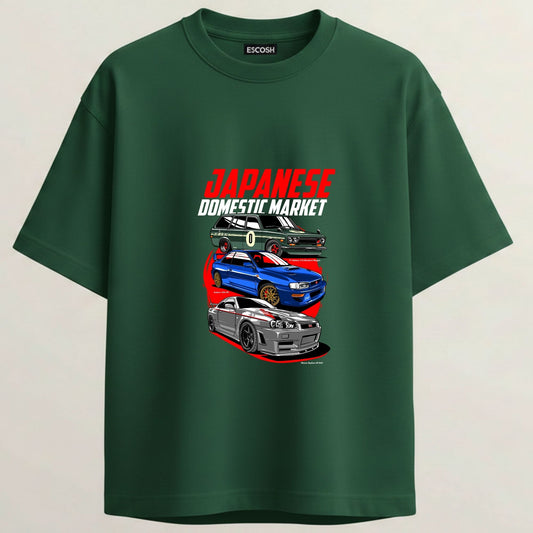 JAPANESE EDITION French Terry Oversized 5-Sleeve T-Shirt  - Bottle Green