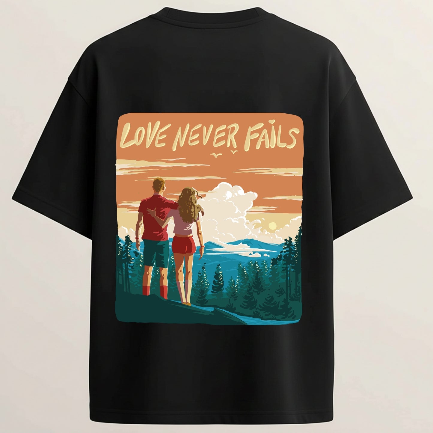 Sunset Lovers French Terry Oversized 5-Sleeve T-Shirt  - Midnight Black