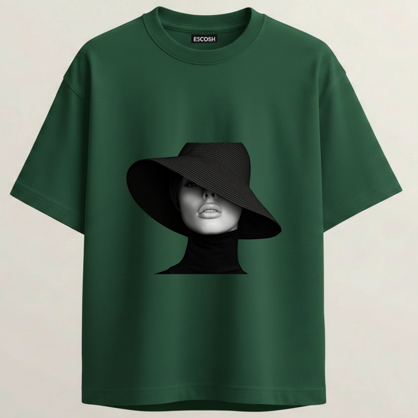 Cool Hat Girl French Terry Oversized 5-Sleeve T-Shirt  - Bottle Green