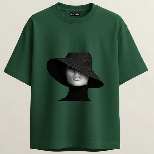Cool Hat Girl French Terry Oversized 5-Sleeve T-Shirt  - Bottle Green