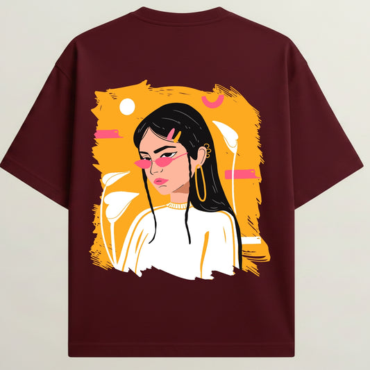 Pretty Glow Girl French Terry Oversized 5-Sleeve T-Shirt  - Royal Maroon