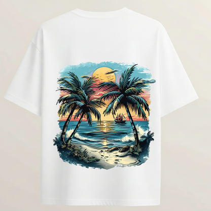 Ocean Voyage French Terry Oversized 5-Sleeve T-Shirt  - White